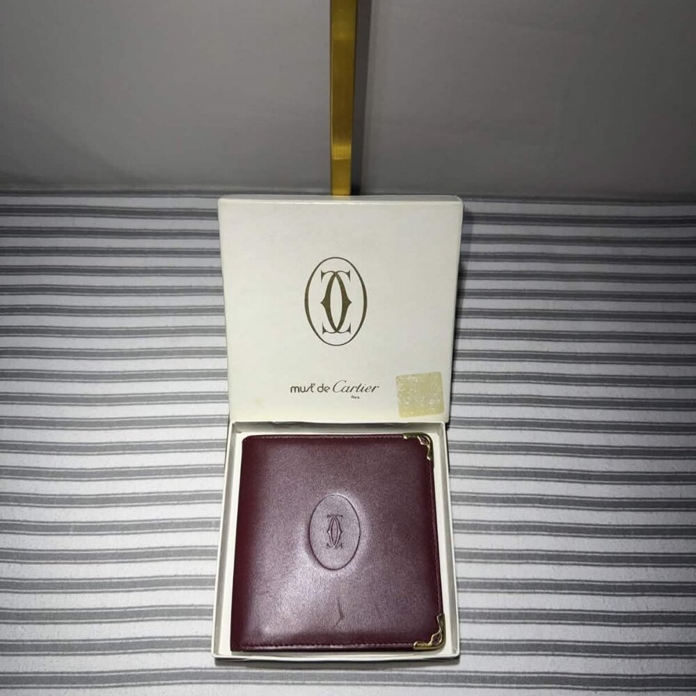 Cartier Must De Cartier Leather Wallet Burgundy Luxury Designer Bifold Authentic